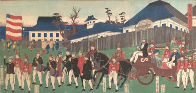 Immagine di una processione di stranieri a Yokohama, 2° mese, 1861 da Yoshikazu
