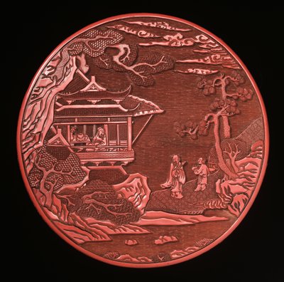 Scatola circolare di cinabro scolpito con coperchio da Yuan Dynasty Chinese School