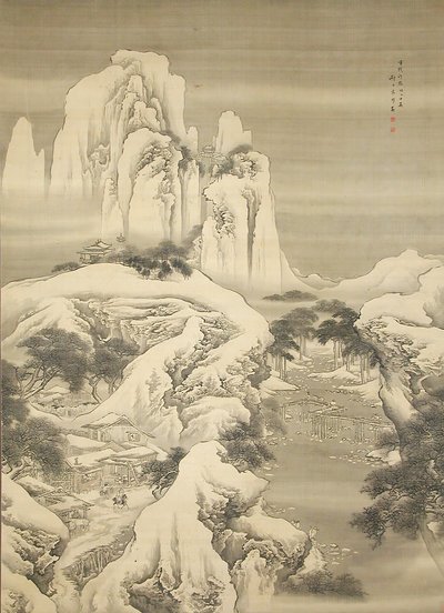 Locanda e viaggiatori nelle montagne innevate da Yuan Yao