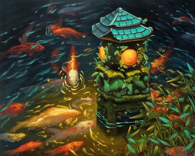 Lanterna di pietra con pesci koi, 2023 da Yue Zeng