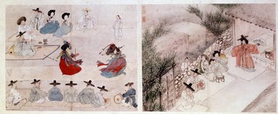 Arte Coreana: Scena di Combattimento Femminile, Scena di Vita Quotidiana. Stampe di Sin Yun Bok (o Hyewon fatte nel 1758). XVIII o XIX secolo. Collezione Hyung Pil Chun da Yun bok Sin