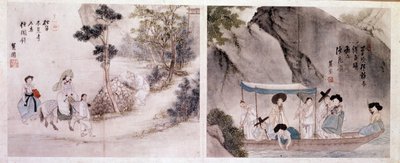Arte coreana: scena di passeggio e barca. Stampe di Sin Yun Bok (o Hyewon) (nato nel 1758). XVIII secolo. da Yun bok Sin