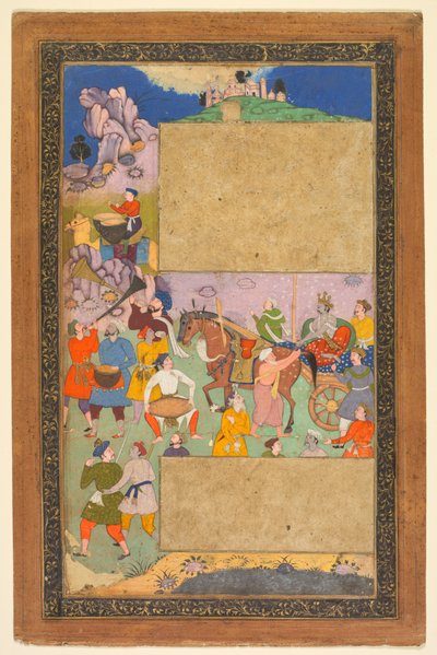 Un auriga che attraversa un paesaggio roccioso con un seguito di pedoni e musicisti, 1616 da Yusuf Ali