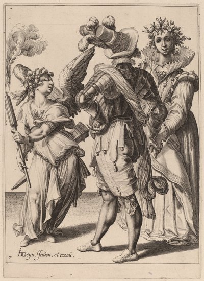 Cupido bendato che tiene una torcia davanti a una coppia da Zacharias Dolendo after Jacques de Gheyn II
