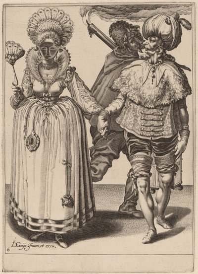 Un Uomo con un Turbante che Conduce una Donna con Piume di Pavone da Zacharias Dolendo after Jacques de Gheyn II