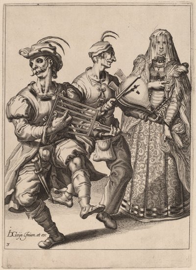 Una donna velata con due musicisti che suonano una griglia e un mantice da Zacharias Dolendo after Jacques de Gheyn II