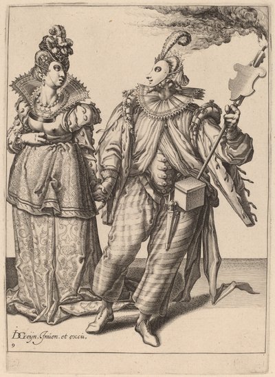 Una donna guidata da un giocatore che tiene una torcia da Zacharias Dolendo after Jacques de Gheyn II