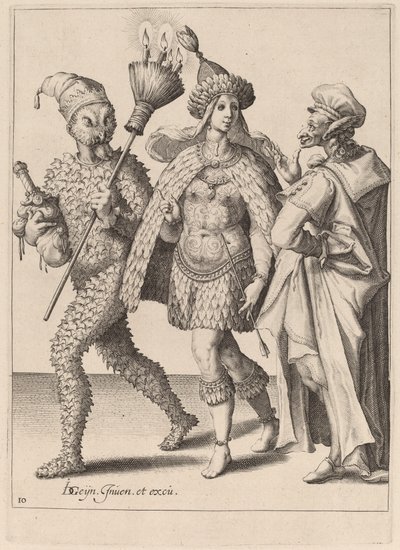 Un vecchio mummer che si rivolge a una coppia vestita di piume da Zacharias Dolendo after Jacques de Gheyn II