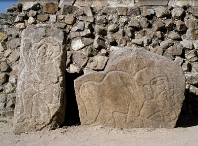 Vista delle stele dei danzanti da Zapotec Zapotec