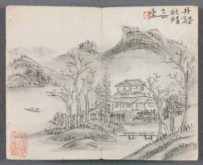 Album in miniatura con figure e paesaggio (Paesaggio con collina, casa, barca e ponte) da Zeng Yandong