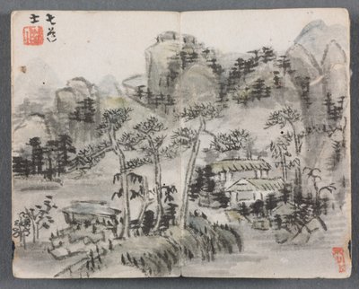 Album in miniatura con figure e paesaggio (Paesaggio con due edifici) da Zeng Yandong