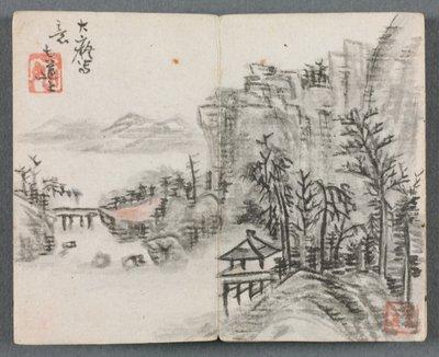 Album in miniatura con figure e paesaggio Paesaggio con scogliera e ponte, 1822 da Zeng Yangdong