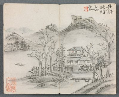 Album in miniatura con figure e paesaggio Paesaggio con collina, casa, barca e ponte, 1822 da Zeng Yangdong
