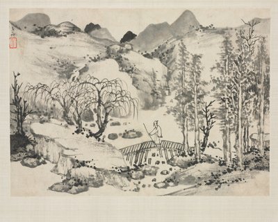 Album di paesaggi in vari stili: Paesaggio con artista su un ponte, 1684 da Zha Shibiao