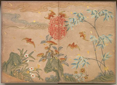Album da Scrivania: Dipinti di Fiori e Uccelli (Pipistrelli, rocce, fiori calligrafia ovale) da Zhang Ruoai