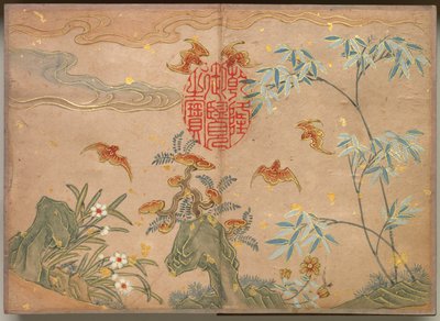Album da scrivania: Dipinti di fiori e uccelli, pipistrelli, rocce, fiori, calligrafia ovale, XVIII secolo da Zhang Ruoai