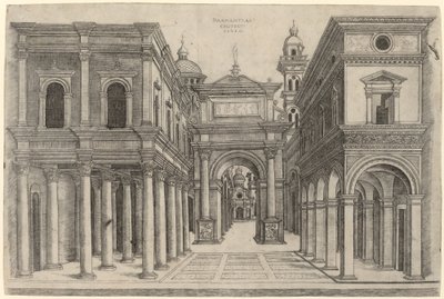 Una Strada con Vari Edifici, Colonnati e un Arco da Zoan Andrea after Donato Bramante