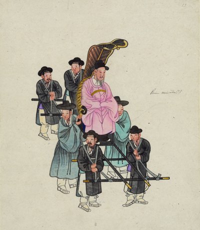 Un alto funzionario coreano, forse il Primo Ministro, trasportato in una sedia a portantina elaborata da . .