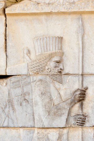 Rilievo antico degli Achemenidi; persiano con lancia; soldato della Guardia Immortale sul Palazzo Apadana; sito archeologico; antica città persiana di Persepoli; Patrimonio dell