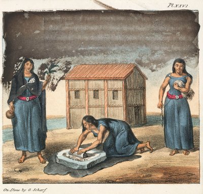 Donne indiane Araucano che macinano mais e filano, Cile da Frederick (attr. to) Barnard