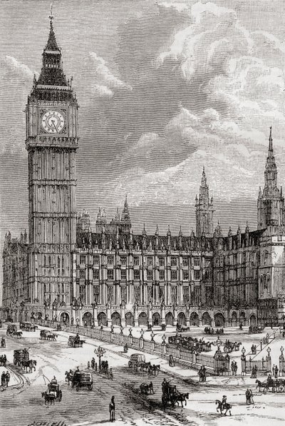 Big Ben e le Case del Parlamento, Londra, Inghilterra, viste nel XIX secolo da . .