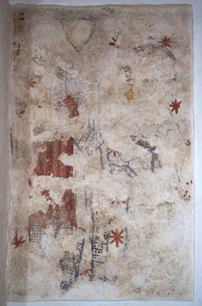 Borgogna, Lancharre, comune di Chapaize 71460. Nella chiesa di Notre Dame, pittura murale. Due cavalieri in cotta di maglia (affresco) da . .
