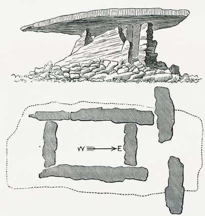 Chûn Quoit, Cornovaglia, Inghilterra, vista laterale e pianta, da Our Own Country pubblicato nel 1898 da Ferdinand Georg Waldmuller