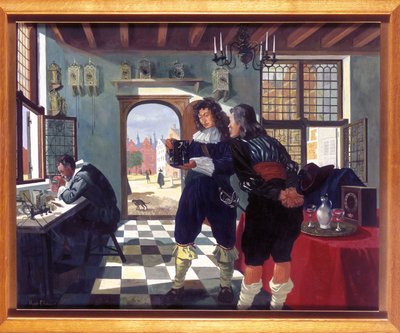 Orologiai Christiaan Huygens nel negozio di orologiai di Salomon Coster da Frederick (attr. to) Barnard