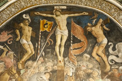 Famoso gruppo della crocifissione di Hans Clemer, affresco nel coro, chiesa parrocchiale di Chiesa Parrocchiale, Elva, provincia di Cuneo, Piemonte, Italia, Europa da Ferdinand Georg Waldmuller