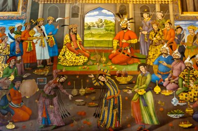 Affresco; banchetto con ragazze danzanti; Shah Tahmasp riceve l