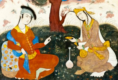 Affresco; due amanti; miniatura persiana; Chehel Sotoun; Palazzo delle Quaranta Colonne; Isfahan; Iran; Asia da Frederick (attr. to) Barnard