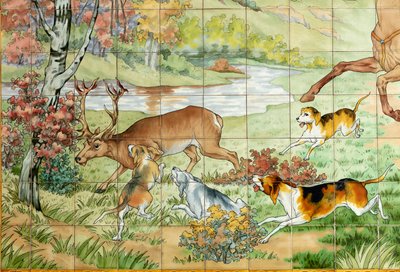 Vista interna, pannello di piastrelle, pittore Furcy Ernest Tondeur, esecutore Boch Frères La Louvière, primo pannello, scena di caccia con tre cavalieri, (dettaglio) da . .