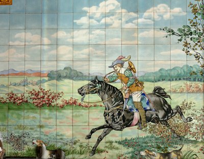 Vista interna, pannello di piastrelle, pittore Furcy Ernest Tondeur, esecutore Boch Frères La Louvière, il secondo pannello mostra una scena di caccia con cavaliere al galoppo con corno da caccia da . .