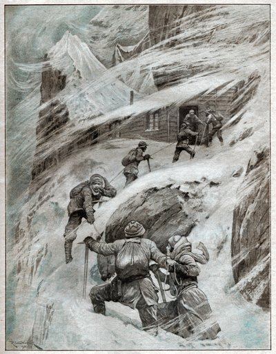 Turisti italiani bloccati nella tempesta nelle Alpi italiane (illustrazione) da . .