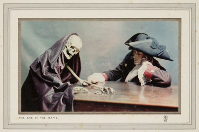 La fine del gioco: un uomo con uno scheletro che simboleggia la Morte e raccoglie monete da John Pardon
