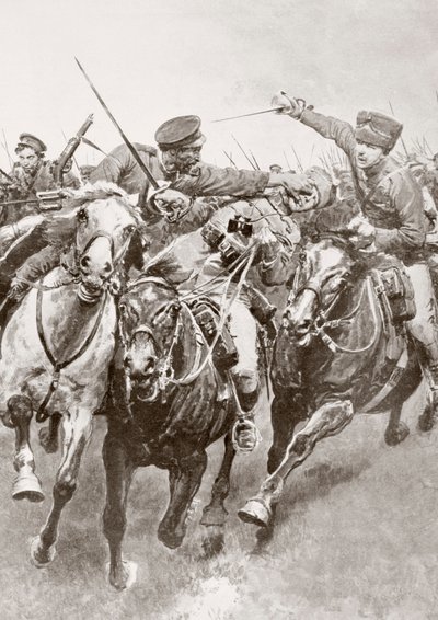 Combattimento a cavallo tra cosacchi russi e cavalleria tedesca nota come gli Ussari della Morte a Schwansfeld, tra Korschen e Bartenstein, Prussia orientale, agosto 1914 durante la Prima Guerra Mondiale, da La Esfera da Ferdinand Georg Waldmuller