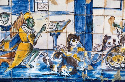 Lezione di musica, con gatti e topi antropomorfi, azulejos, giardini del Palazzo del Marchese di Fronteira da William Walcutt