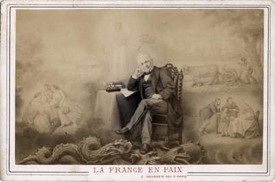 Comune di Parigi: "Francia in pace" ritratto di Louis Adolphe Thiers (1797-1877) seduto sul drago probabile simbolo della comune da Frederick (attr. to) Barnard