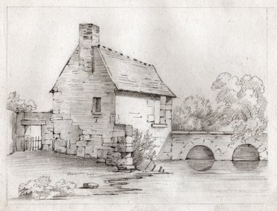Casa contadina sul bordo di un fiume. circa 1830 (illustrazione) da . .