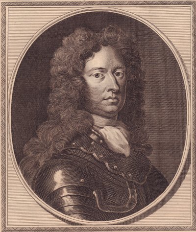 Ritratto del soldato inglese Thomas Tollemache, incisione in rame di John Goldar da un dipinto di G Kneller da William Walcutt