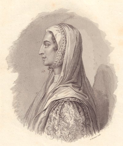 Ritratto della nobildonna italiana Beatrice Lascaris di Tenda (1372-1418), incisione su rame di G Fusinati da ritratto pubblicato da Antonio Campo da William Walcutt