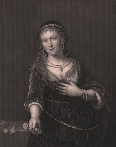 Ritratto di Saskia van Uylenburgh, moglie di Rembrandt, incisione di Daniel John Pound da un dipinto di Rembrandt, dalla Galleria Reale di Dresda di Payne, circa 1840 da William Walcutt