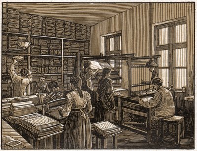 Tipografia a Budapest, Ungheria: faconatura e preparazione dei libri. Lavoro delle donne. ca. 1910 (Illustrazione) da . .