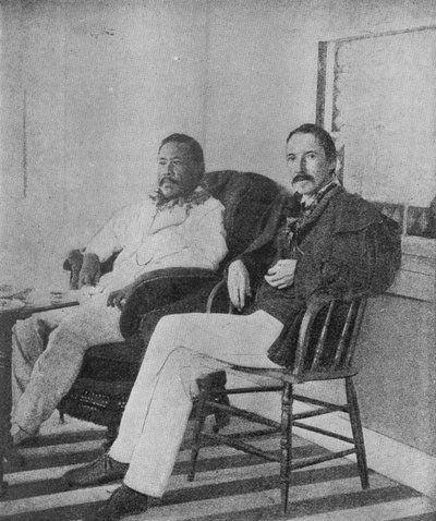 Robert Louis Stevenson con il re Kalakaua delle Hawaii sulla veranda della Royal Boat House a Honolulu da Hippolyte Lalaise Devéria