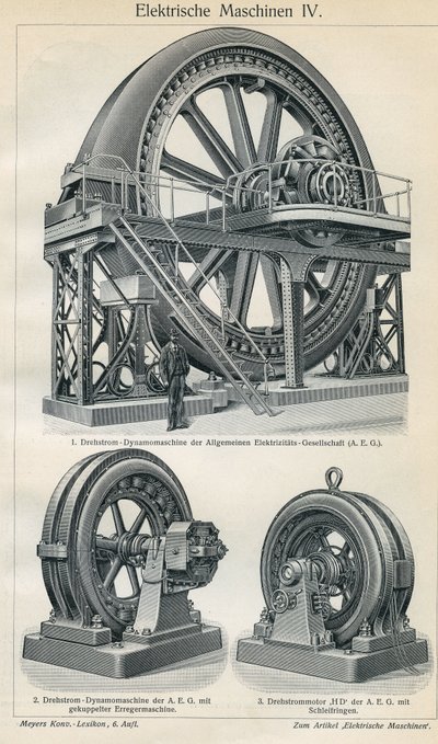 Tavola di scienza e tecnologia che rappresenta macchine elettriche industriali con corrente trifase. Illustrazione tratta da Meyers Grosses Konversations - Lexikon 1904. Bibliographers Institut, Lipsia e Vienna da Ferdinand Georg Waldmuller