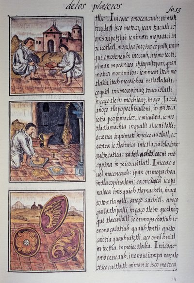 Produzione di stoviglie e scudi, pagina dal Codice Fiorentino, versione bilingue in spagnolo e nahuatl, Storia generale delle cose della Nuova Spagna, del missionario spagnolo Fray Bernardino de Sahagun. Civiltà azteca da Georg Carl Heinrich Dollmann