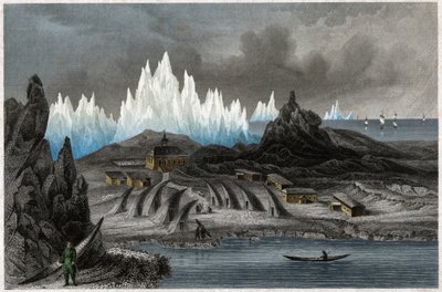 La colonia dei Fratelli Moravi ad Akunnat, Groenlandia (Lichtenfels) (incisione) da . .