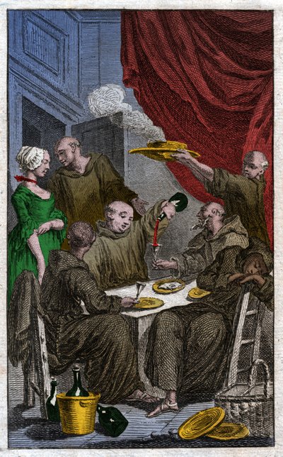 La festa dei monaci che violano le regole monastiche. Bevono vino, corteggiano le cameriere. XVIII secolo (incisione) da . .