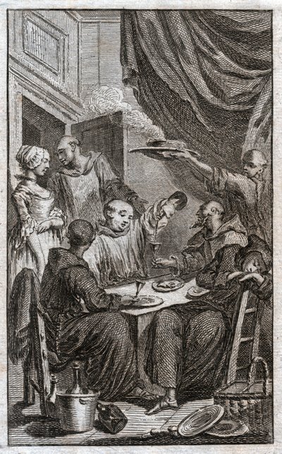 La festa dei monaci che violano le regole monastiche. Bevono vino, corteggiano le cameriere. XVIII secolo (incisione) da . .