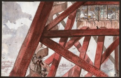Turisti sulle scale della Torre Eiffel, Parigi. Chef che cucinano nel ristorante al primo piano. 1889 (illustrazione) da . .